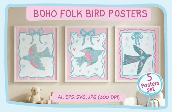 Download Boho Folk Birds Pastel Nursery Posters - Pastel nursery Collection